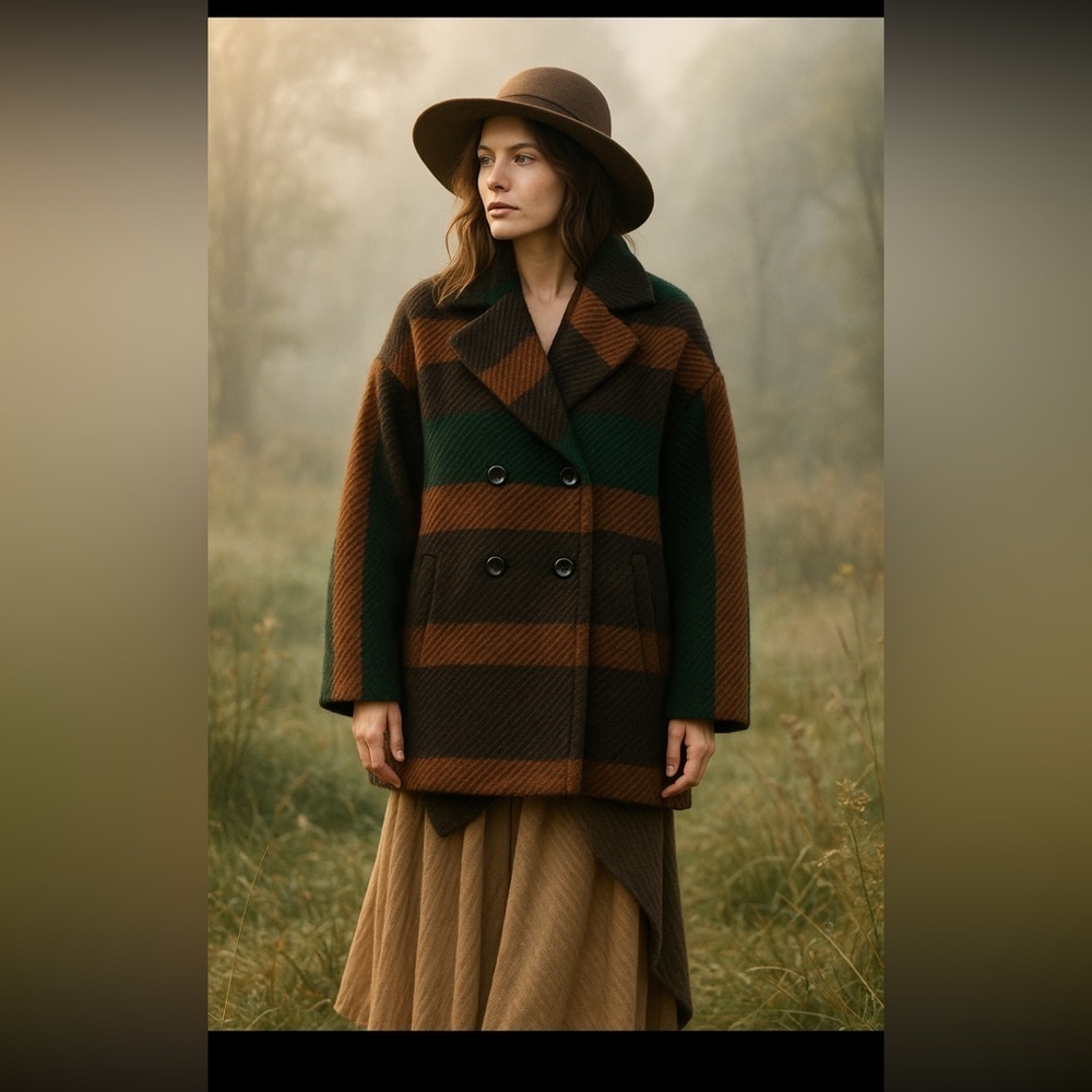 Ulla Johnson Striped Coat Shawl Collar Wool Blend Brown Green Size S Designer - Picture 1 of 5